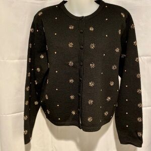 Vintage Womens  Gold Beaded Sweater  Black 100% Merino Wool Cardigan Size Medium